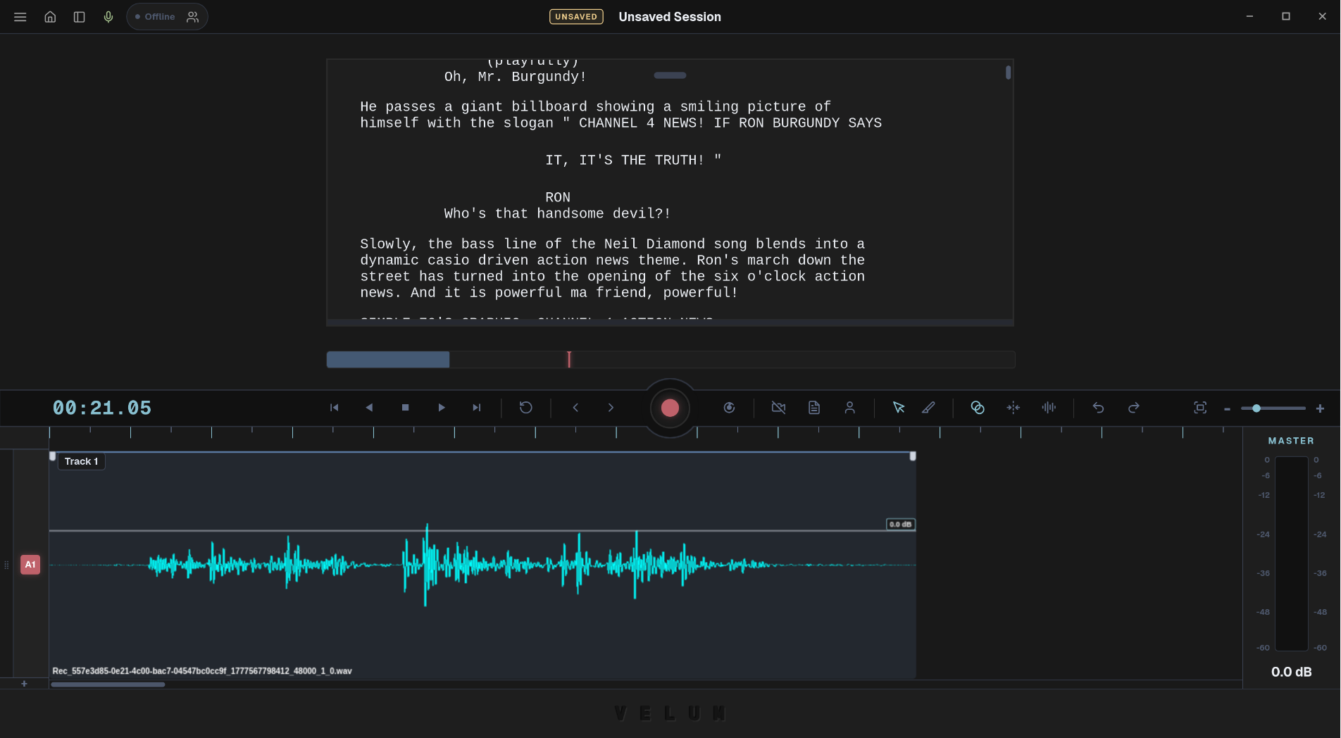 Screenshot of the Velum native desktop application, showcasing the script reader, high-fidelity audio waveform visualization, and a dark mode interface built for voice acting.